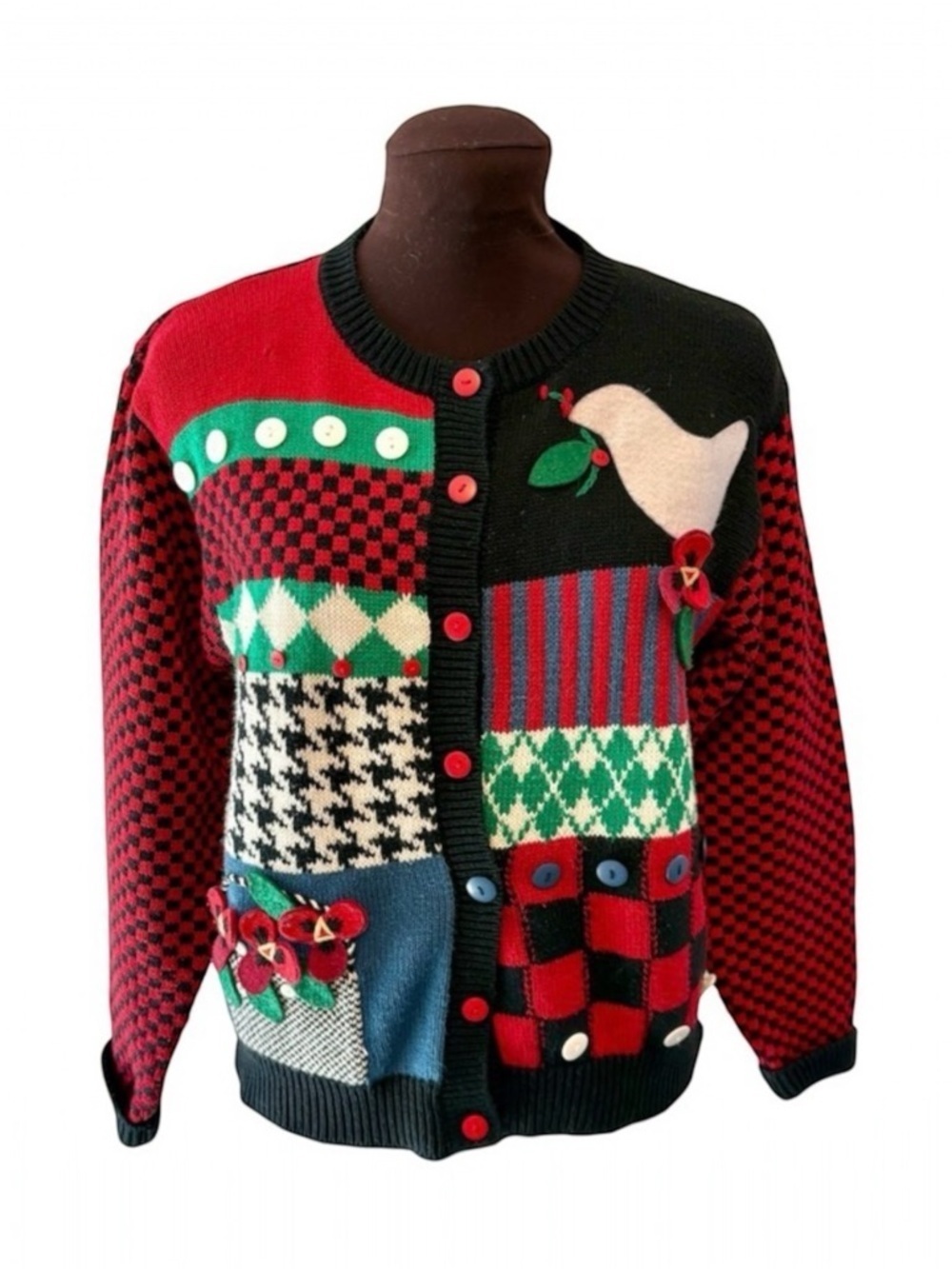 Vintage Susan Bristol Patchwork Cardigan with Dove & Floral Appliqué size Small